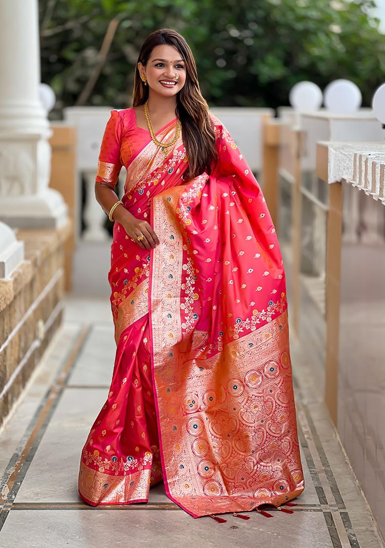 Gajri Pink Wevon Meenakari Designer Banarasi Silk Saree Set