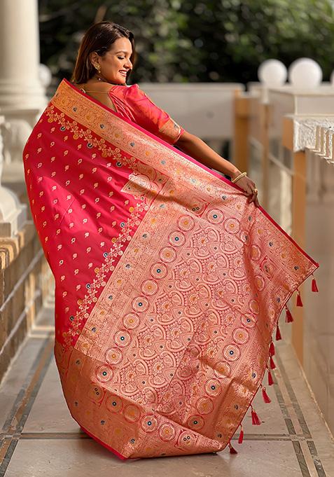 Gajri Pink Wevon Meenakari Designer Banarasi Silk Saree Set