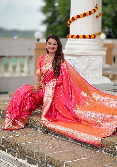 Gajri Pink Wevon Meenakari Designer Banarasi Silk Saree Set