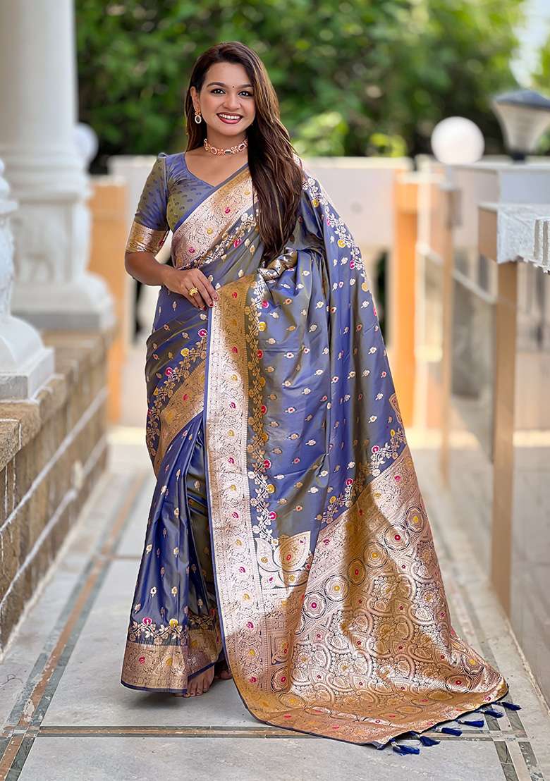 Grey Wevon Meenakari Designer Banarasi Silk Saree Set - Indya