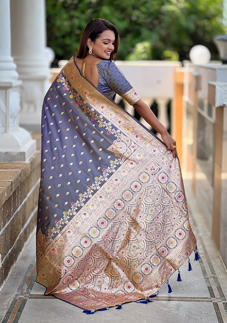 Grey Wevon Meenakari Designer Banarasi Silk Saree Set
