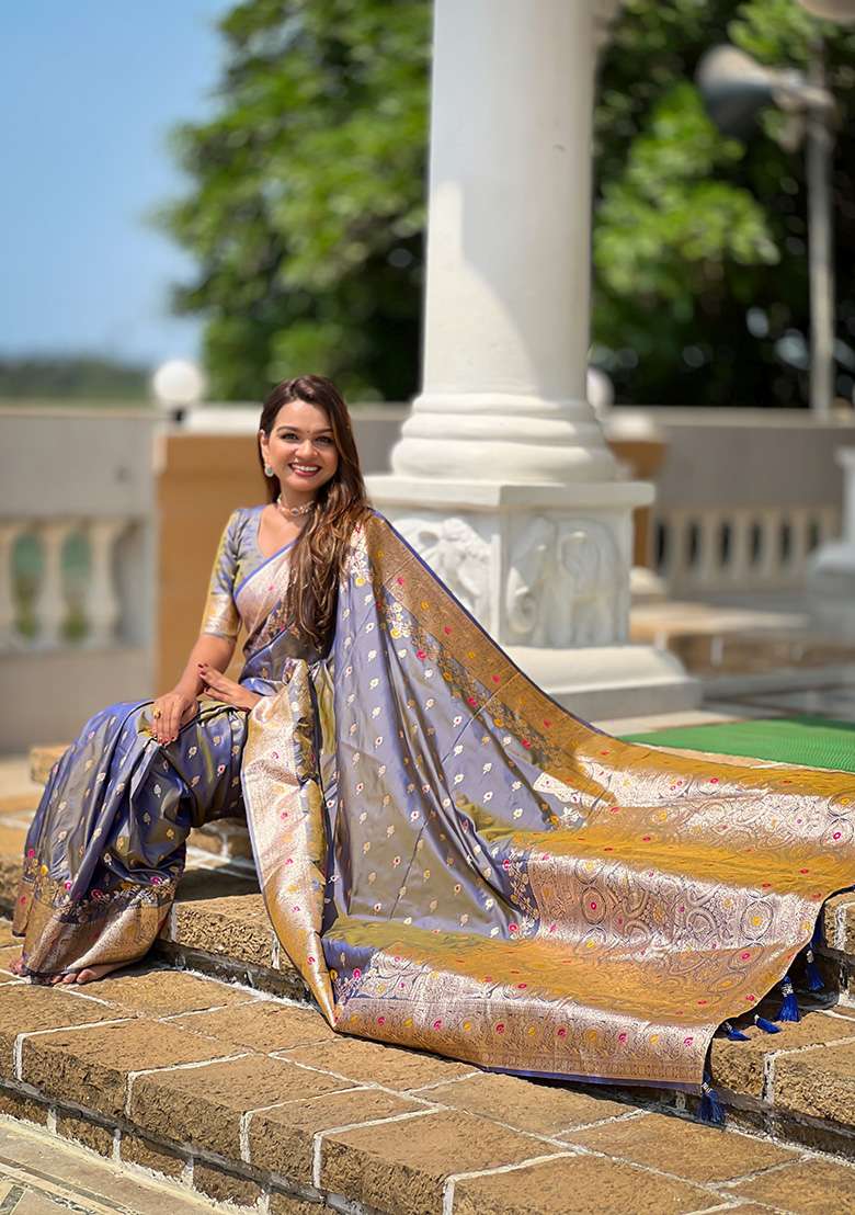 Grey Wevon Meenakari Designer Banarasi Silk Saree Set - Indya