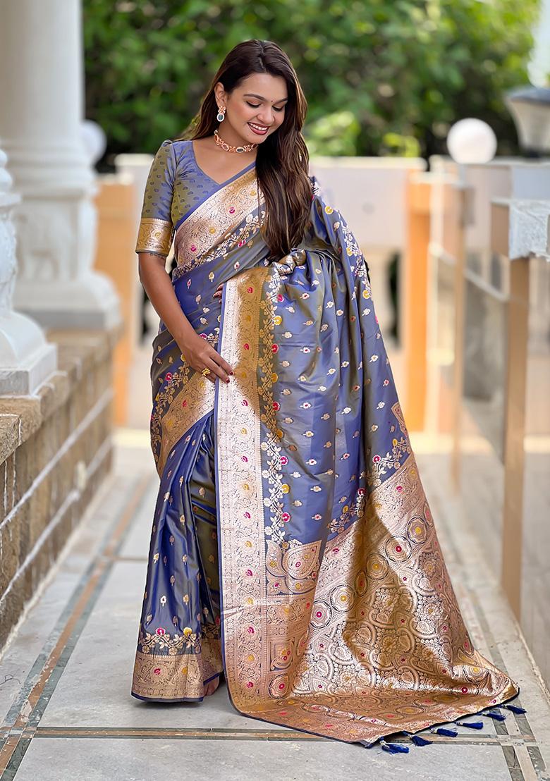 Grey Wevon Meenakari Designer Banarasi Silk Saree Set