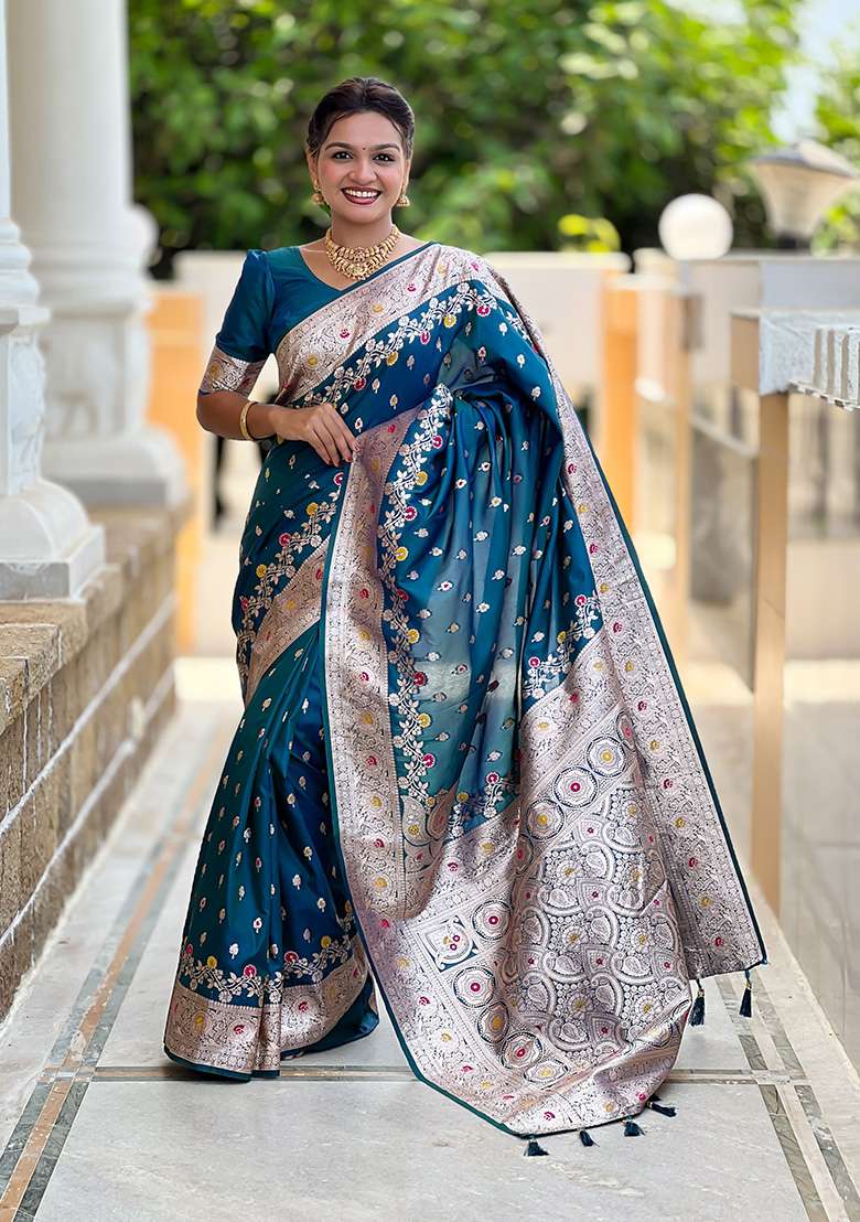 Morpich Blue Wevon Meenakari Designer Banarasi Silk Saree Set - Indya