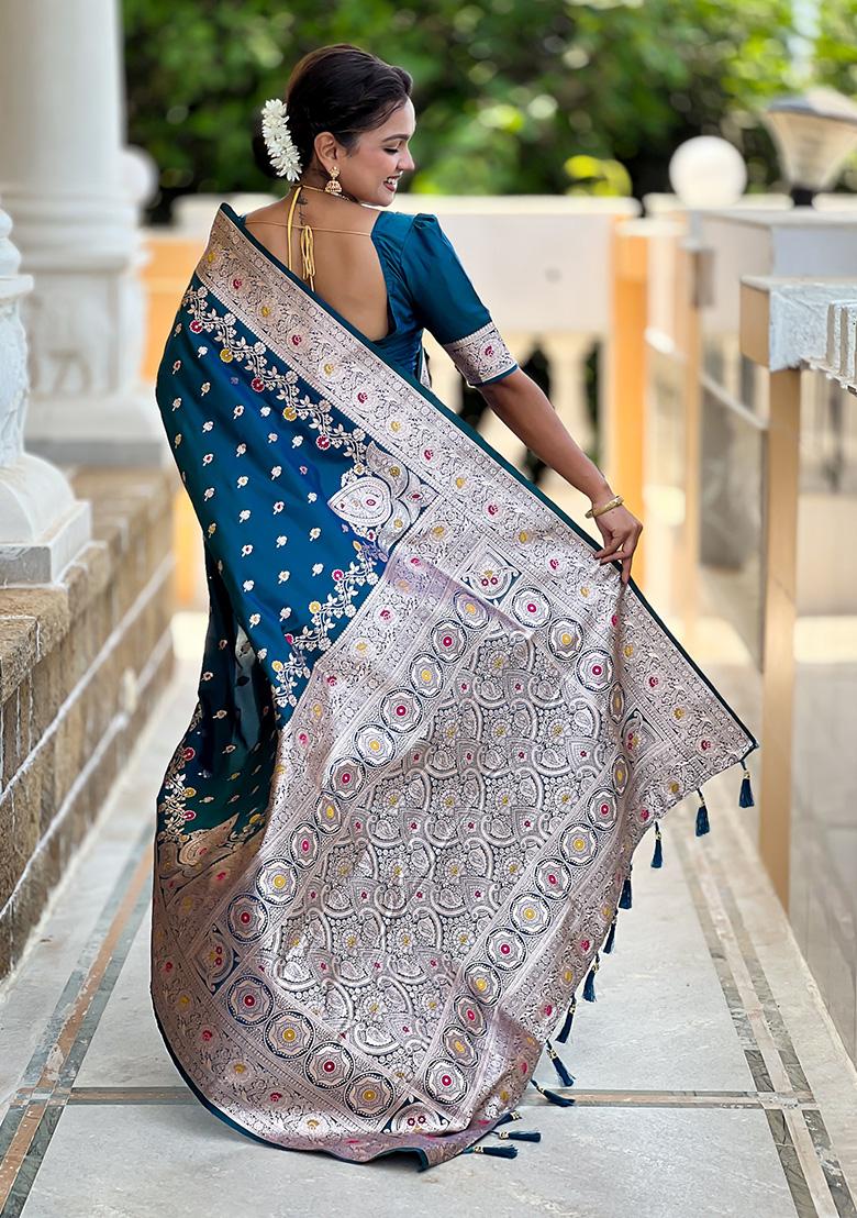 Morpich Blue Wevon Meenakari Designer Banarasi Silk Saree Set