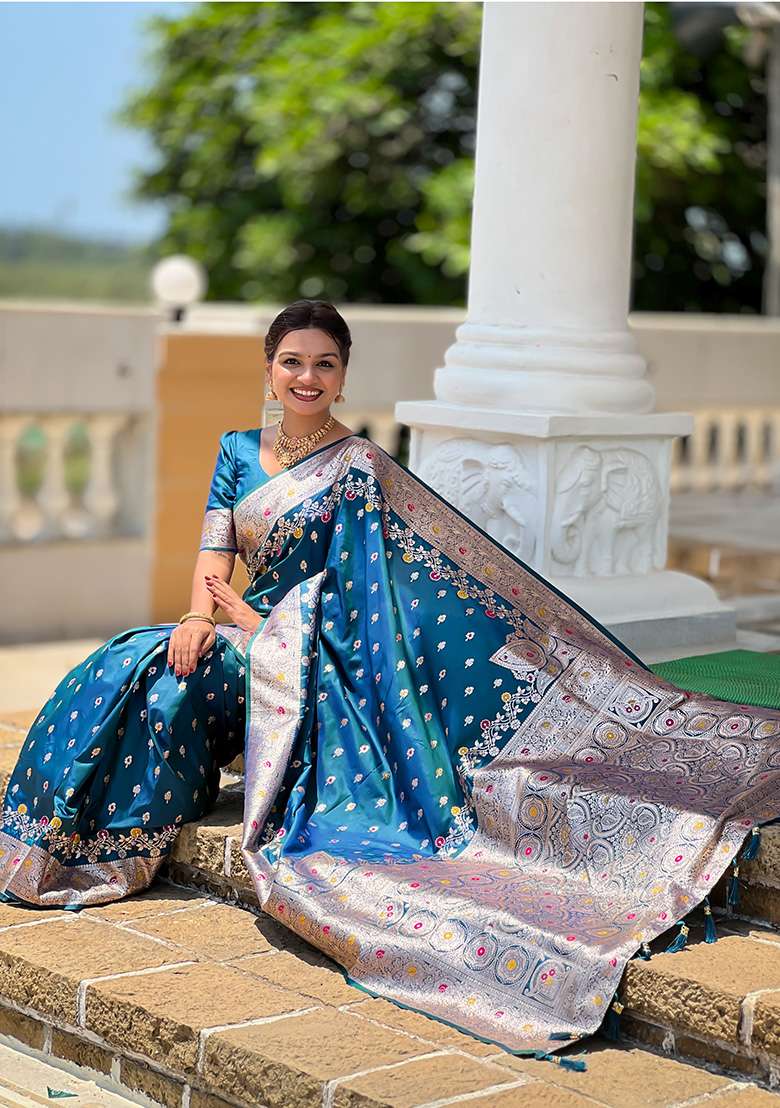 Morpich Blue Wevon Meenakari Designer Banarasi Silk Saree Set - Indya