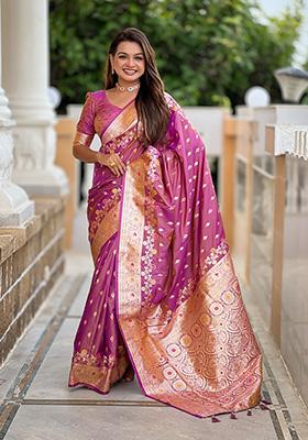 Onion Pink Wevon Meenakari Designer Banarasi Silk Saree Set