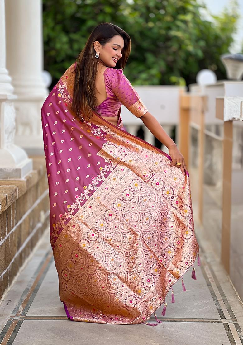 Onion Pink Wevon Meenakari Designer Banarasi Silk Saree Set