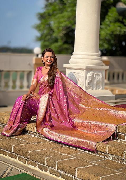 Onion Pink Wevon Meenakari Designer Banarasi Silk Saree Set