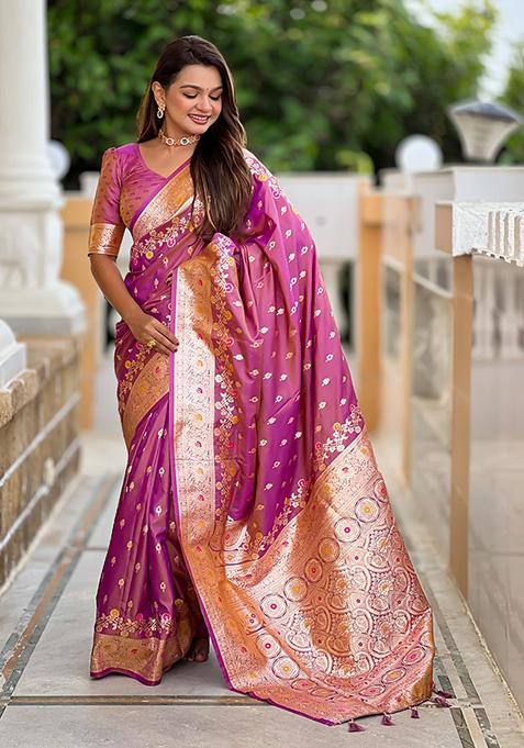 Onion Pink Wevon Meenakari Designer Banarasi Silk Saree Set
