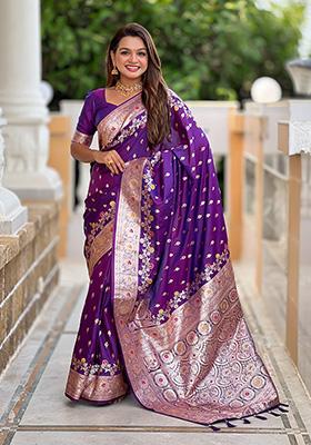 Purple Wevon Meenakari Designer Banarasi Silk Saree Set