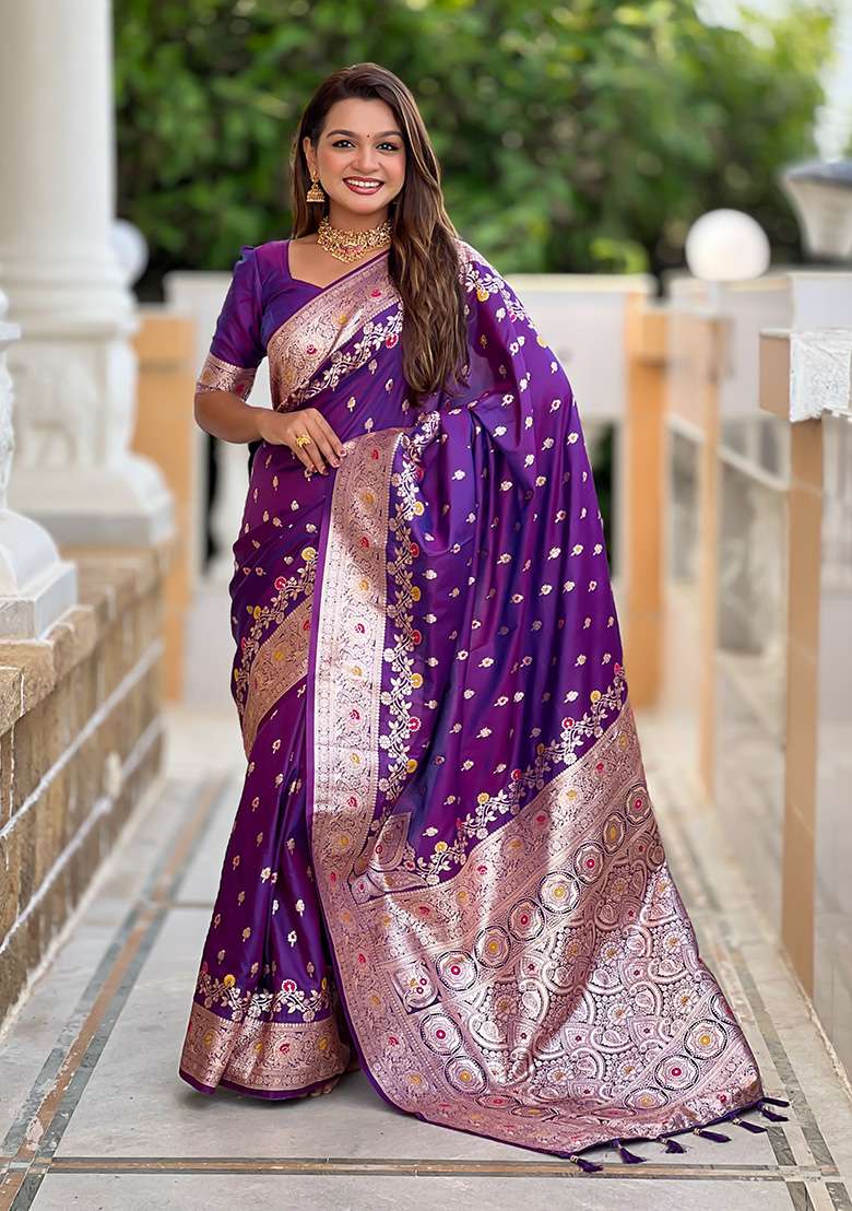 Purple Wevon Meenakari Designer Banarasi Silk Saree Set - Indya