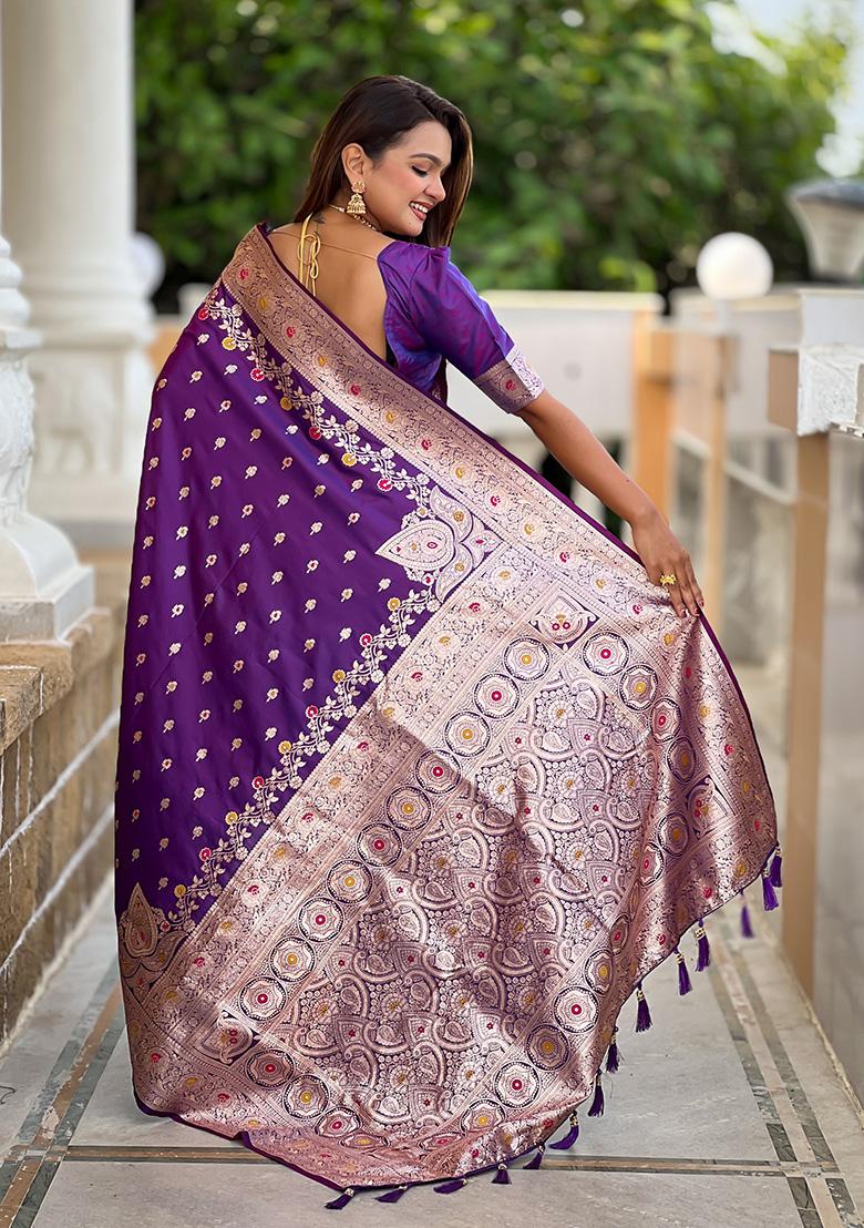 Purple Wevon Meenakari Designer Banarasi Silk Saree Set