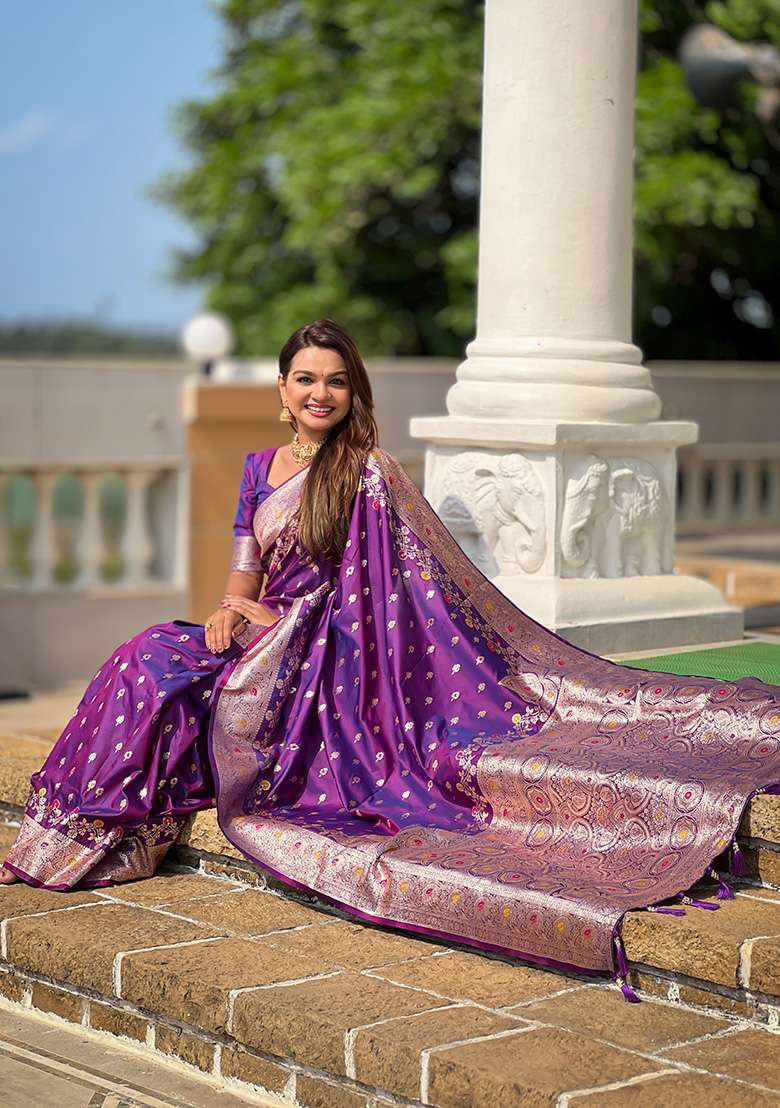Purple Wevon Meenakari Designer Banarasi Silk Saree Set - Indya