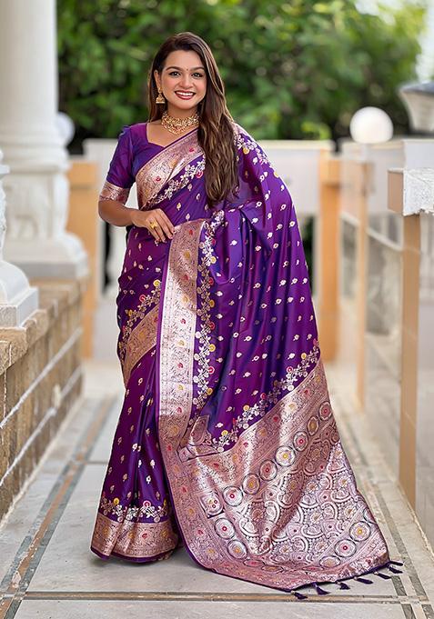 Purple Wevon Meenakari Designer Banarasi Silk Saree Set