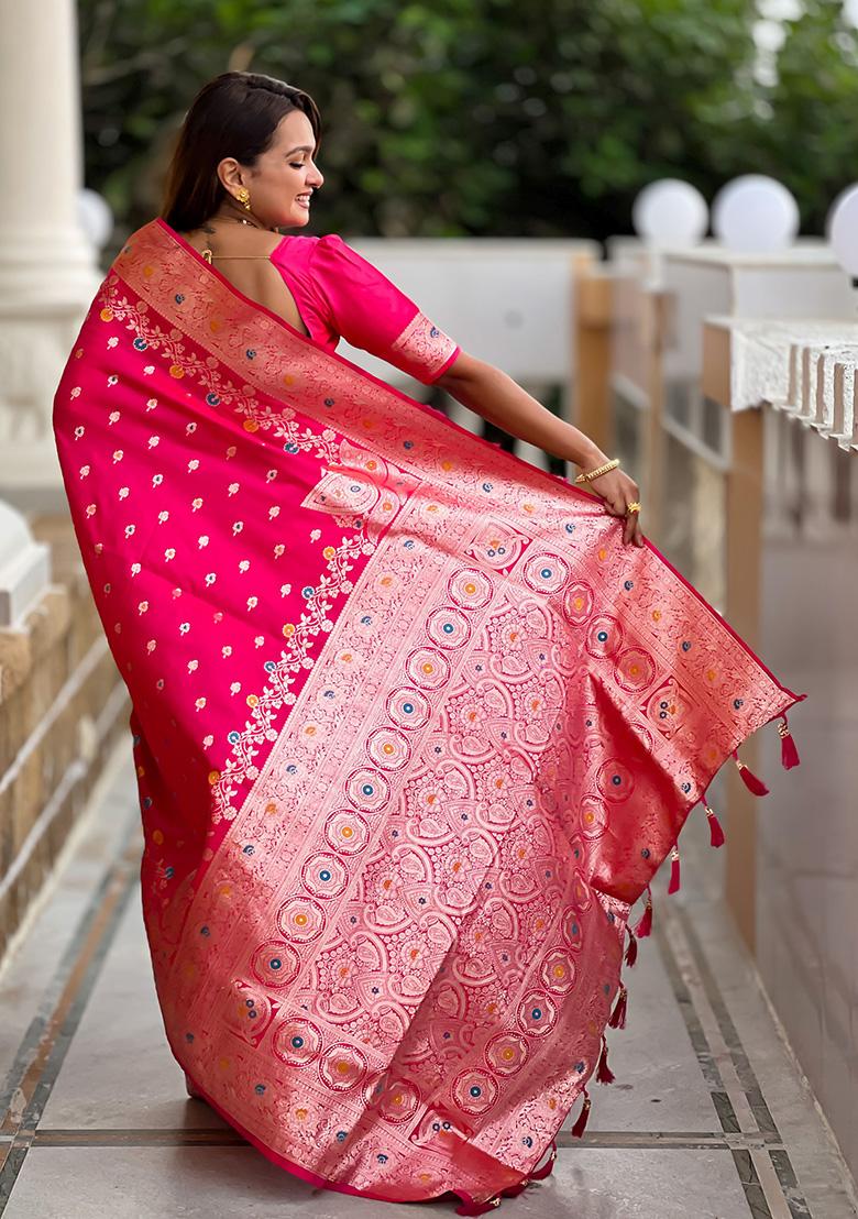 Pink Wevon Meenakari Designer Banarasi Silk Saree Set