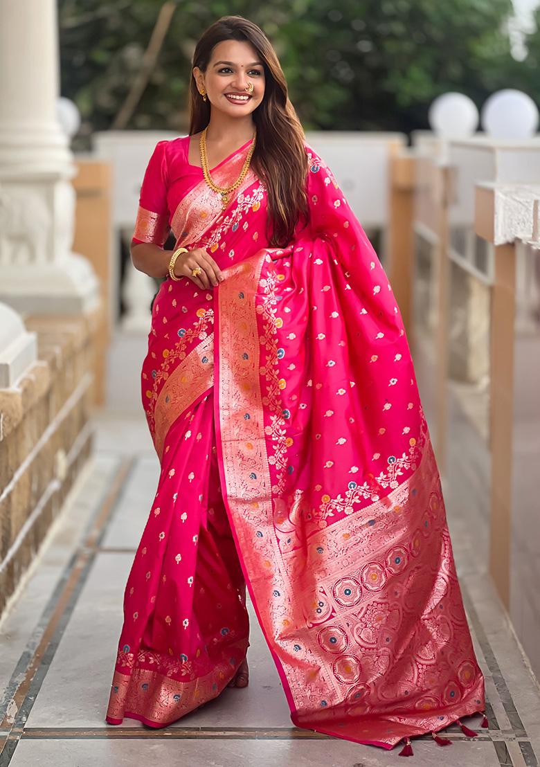 Pink Wevon Meenakari Designer Banarasi Silk Saree Set