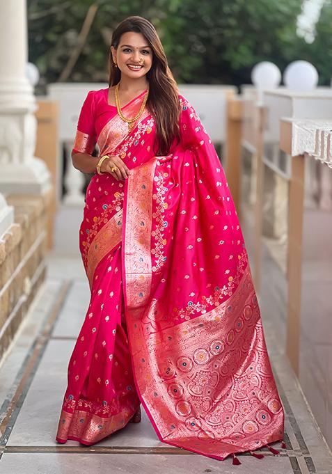 Pink Wevon Meenakari Designer Banarasi Silk Saree Set