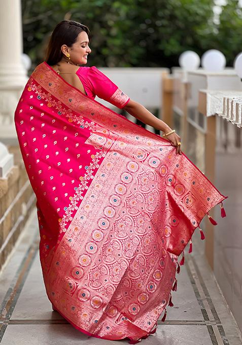 Pink Wevon Meenakari Designer Banarasi Silk Saree Set