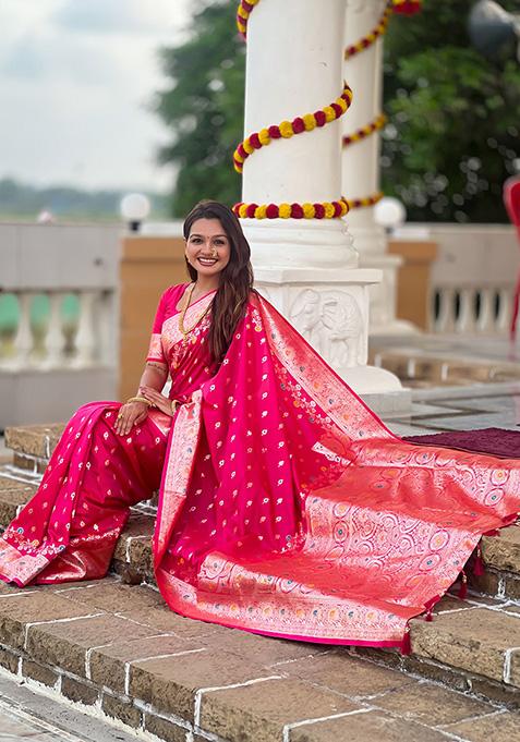 Pink Wevon Meenakari Designer Banarasi Silk Saree Set