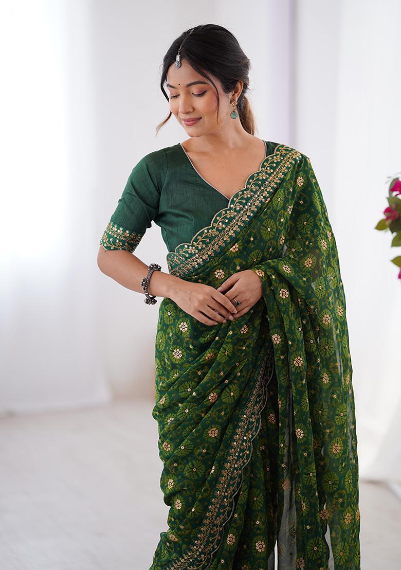 Green Embroidered Georgette Saree Set