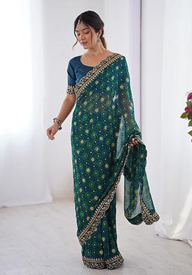 Petrol Blue Embroidered Georgette Saree Set