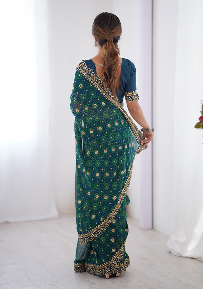 Petrol Blue Embroidered Georgette Saree Set