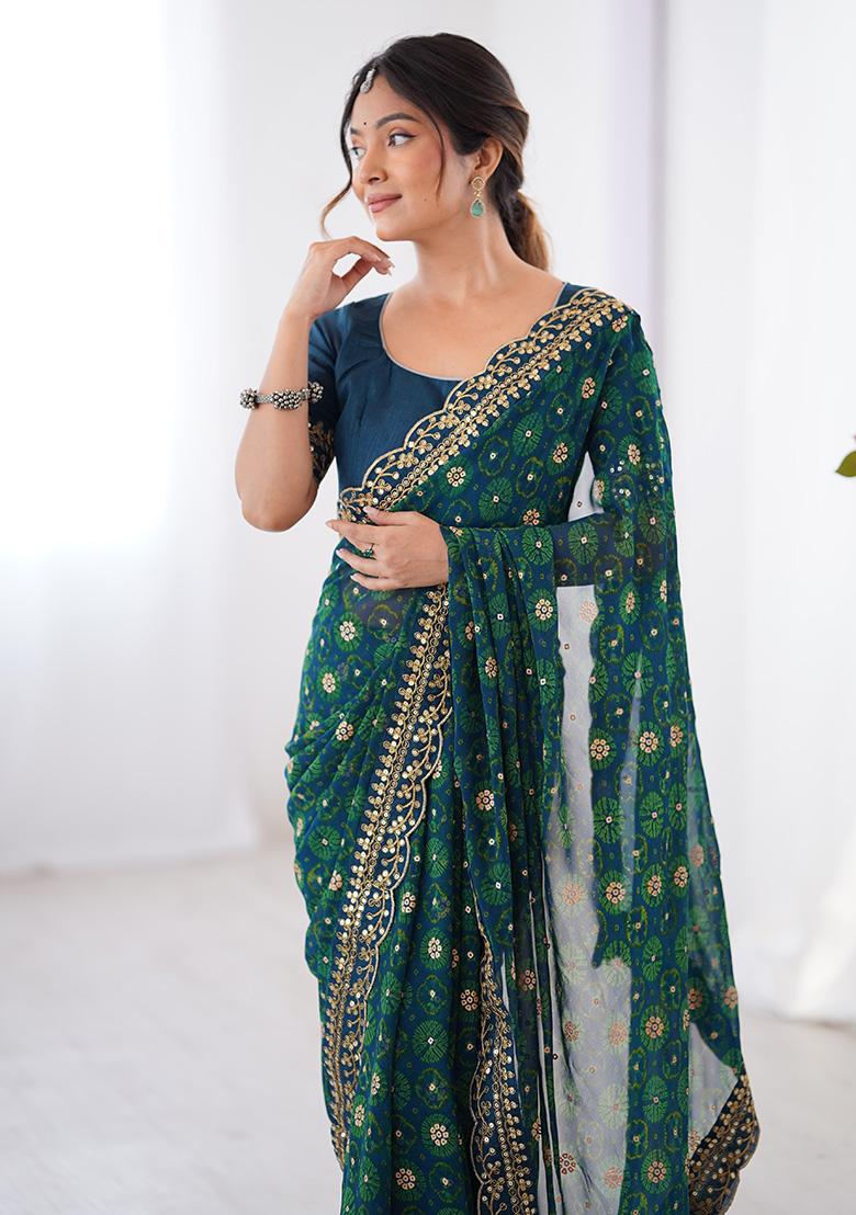 Petrol Blue Embroidered Georgette Saree Set