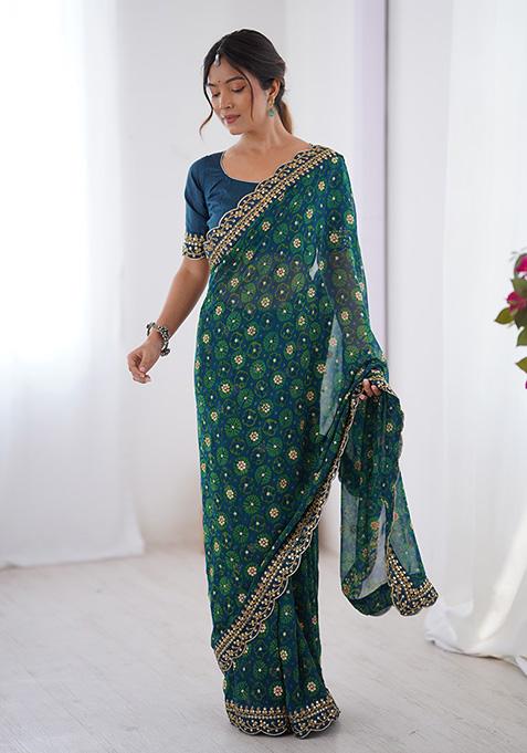 Petrol Blue Embroidered Georgette Saree Set