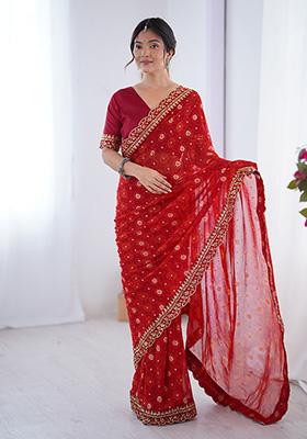 Red Embroidered Georgette Saree Set