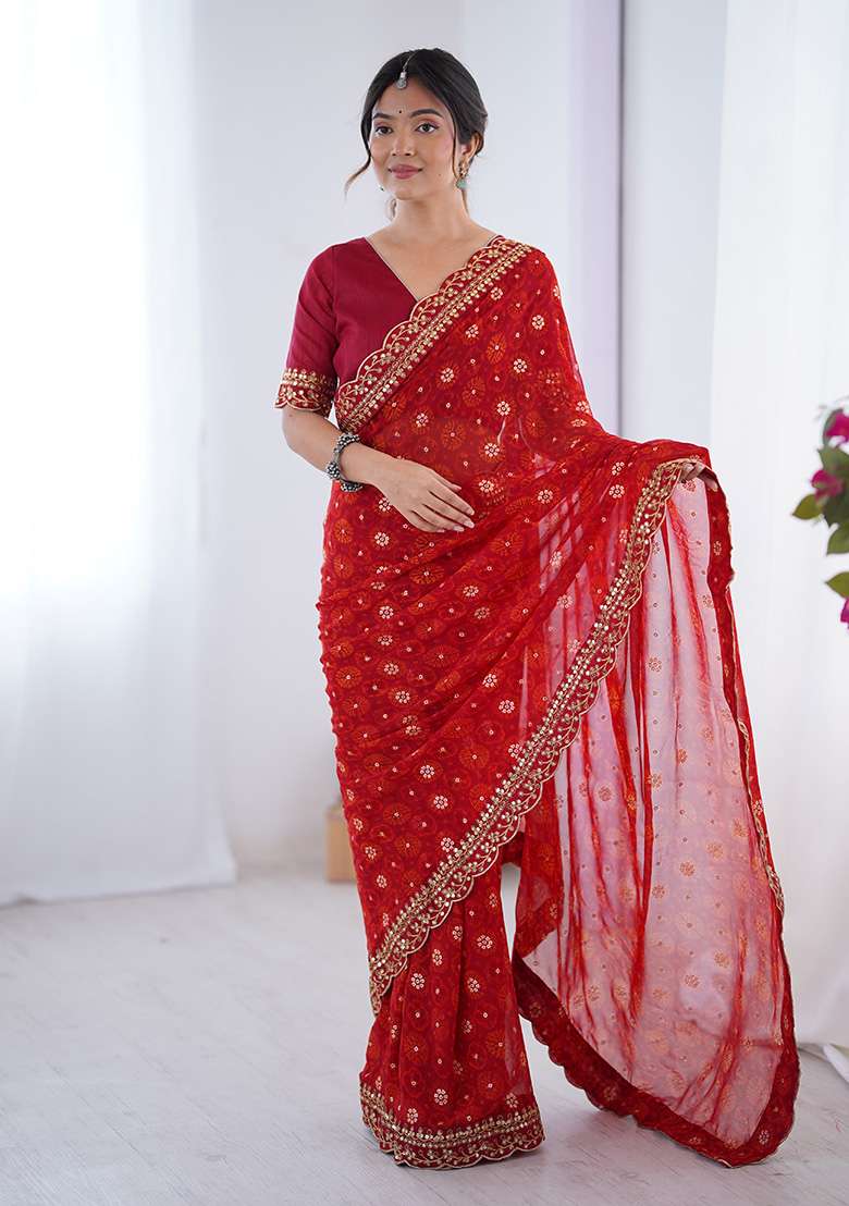 Red Embroidered Georgette Saree Set - Indya