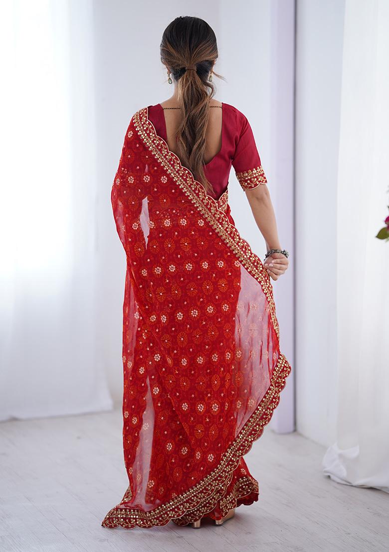 Red Embroidered Georgette Saree Set