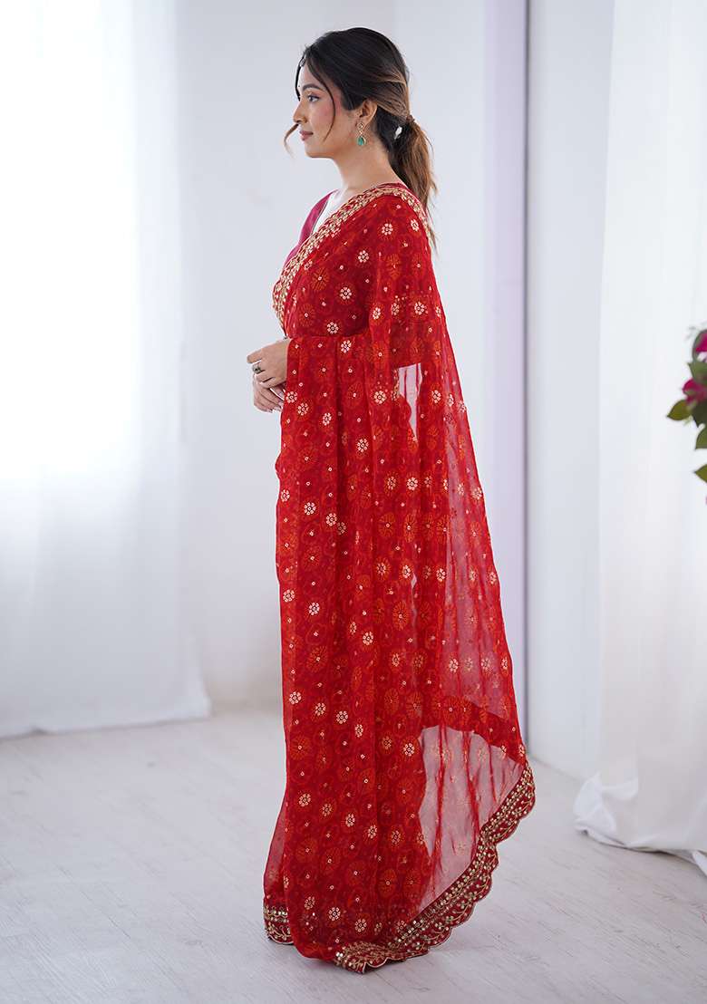 Red Embroidered Georgette Saree Set - Indya