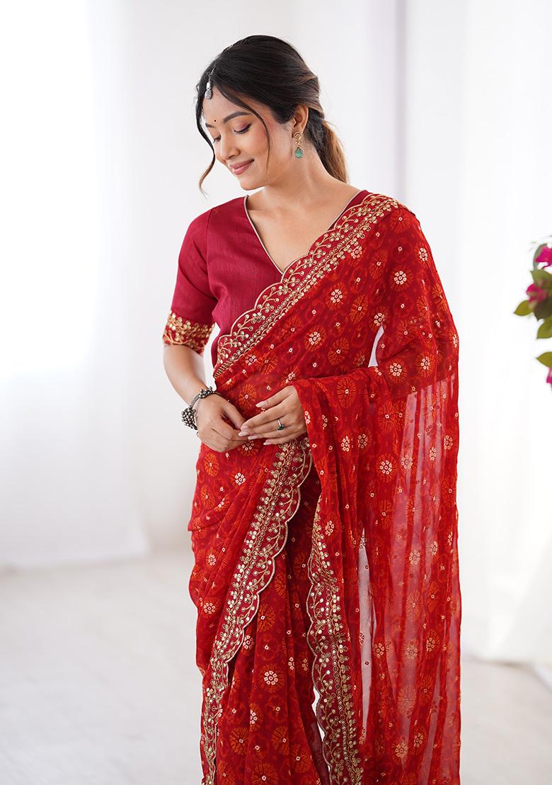 Red Embroidered Georgette Saree Set