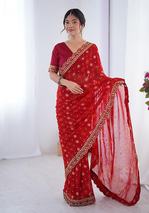 Red Embroidered Georgette Saree Set