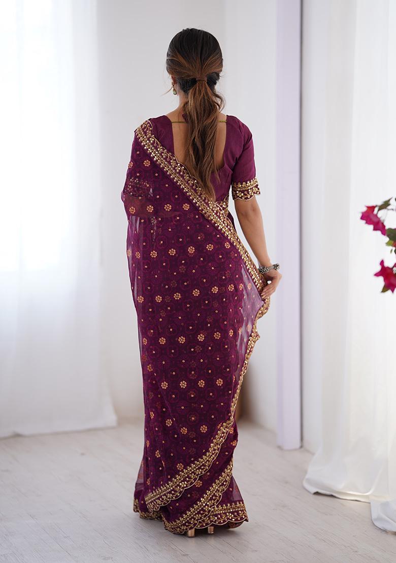 Wine Embroidered Georgette Saree Set
