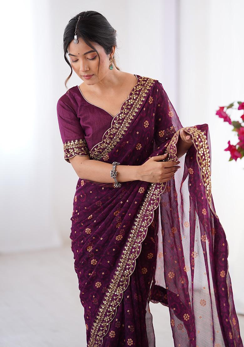 Wine Embroidered Georgette Saree Set