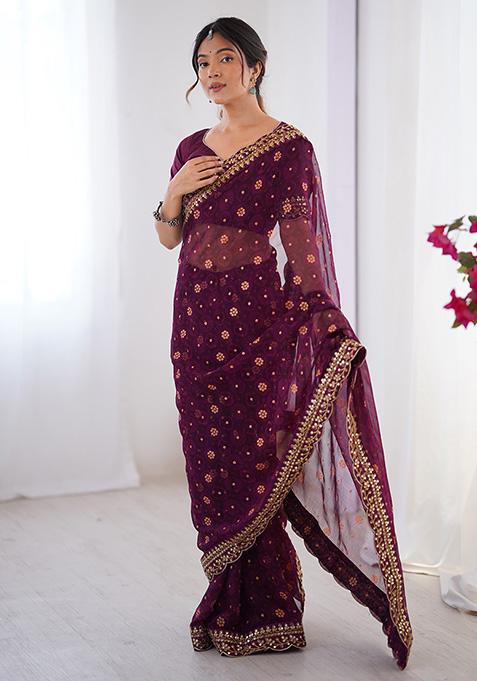 Wine Embroidered Georgette Saree Set
