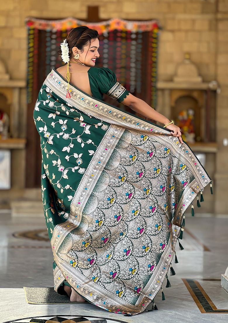 Green Wevon Jacquard Designer Banarasi Silk Saree Set