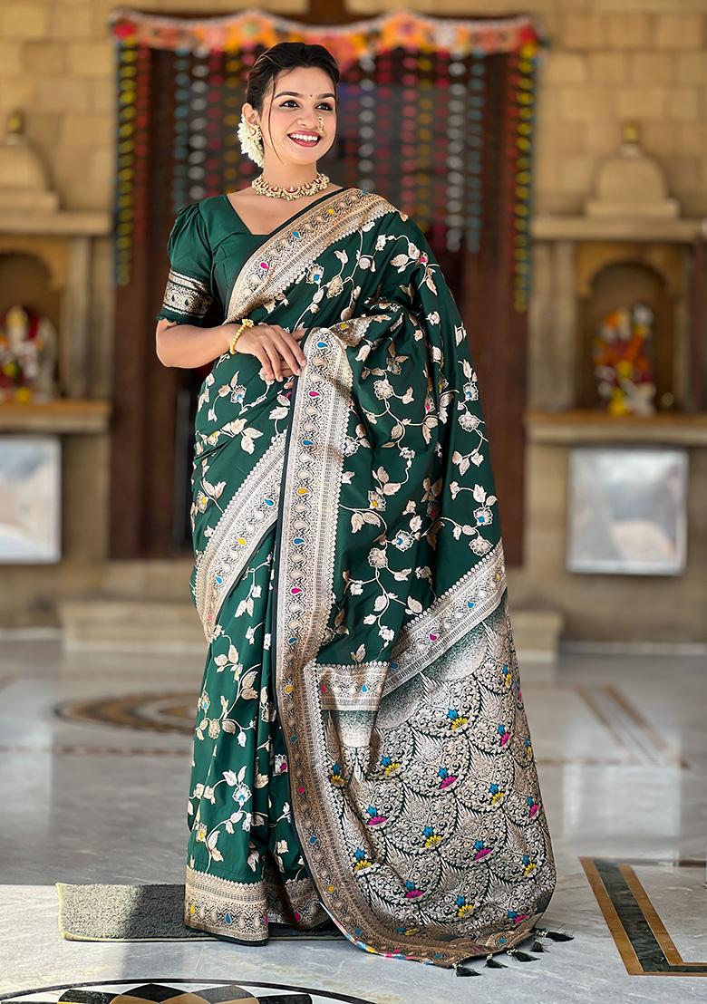 Green Wevon Jacquard Designer Banarasi Silk Saree Set