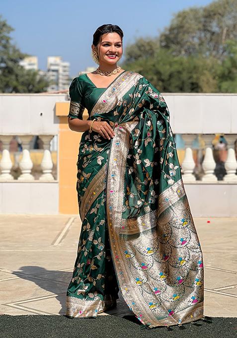 Green Wevon Jacquard Designer Banarasi Silk Saree Set