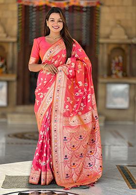 Gajri Pink Wevon Jacquard Designer Banarasi Silk Saree Set