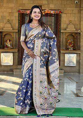 Grey Wevon Jacquard Designer Banarasi Silk Saree Set