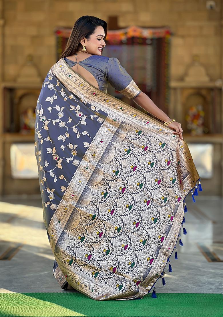 Grey Wevon Jacquard Designer Banarasi Silk Saree Set