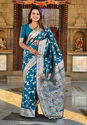 Teal Blue Wevon Jacquard Designer Banarasi Silk Saree Set