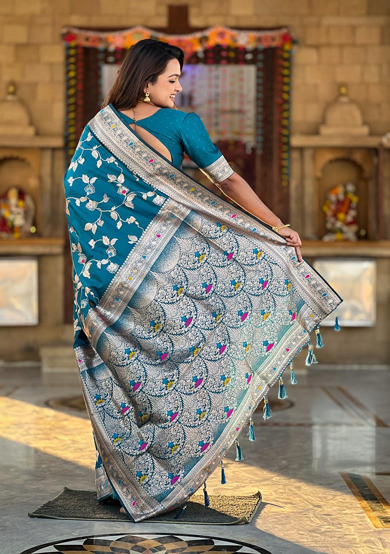 Teal Blue Wevon Jacquard Designer Banarasi Silk Saree Set