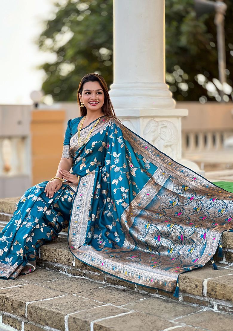 Teal Blue Wevon Jacquard Designer Banarasi Silk Saree Set