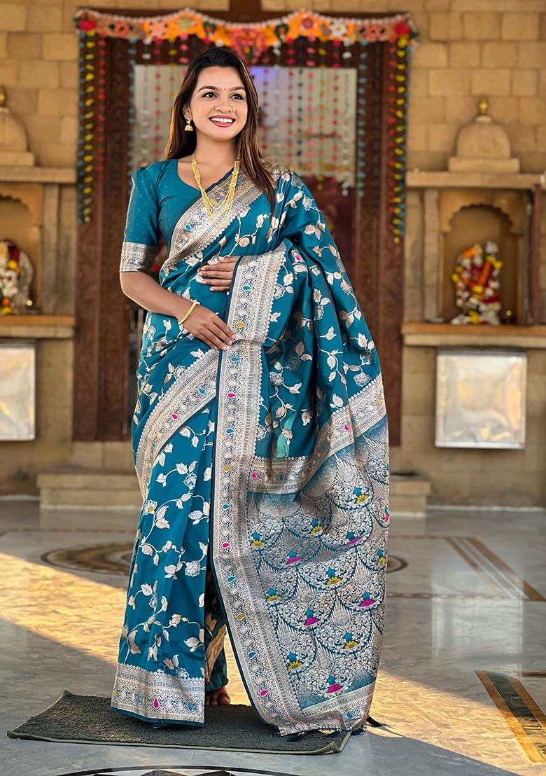 Teal Blue Wevon Jacquard Designer Banarasi Silk Saree Set
