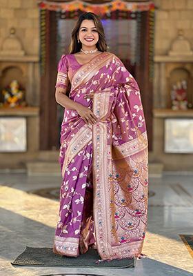 Onion Pink Wevon Jacquard Designer Banarasi Silk Saree Set