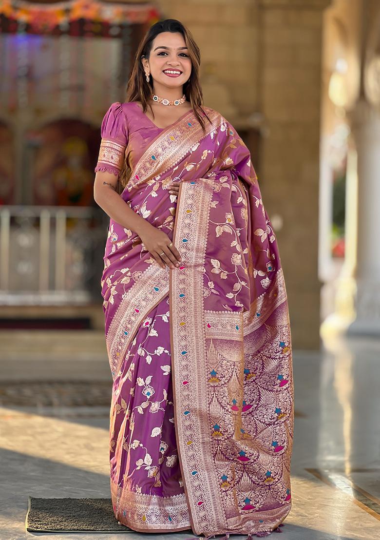 Onion Pink Wevon Jacquard Designer Banarasi Silk Saree Set